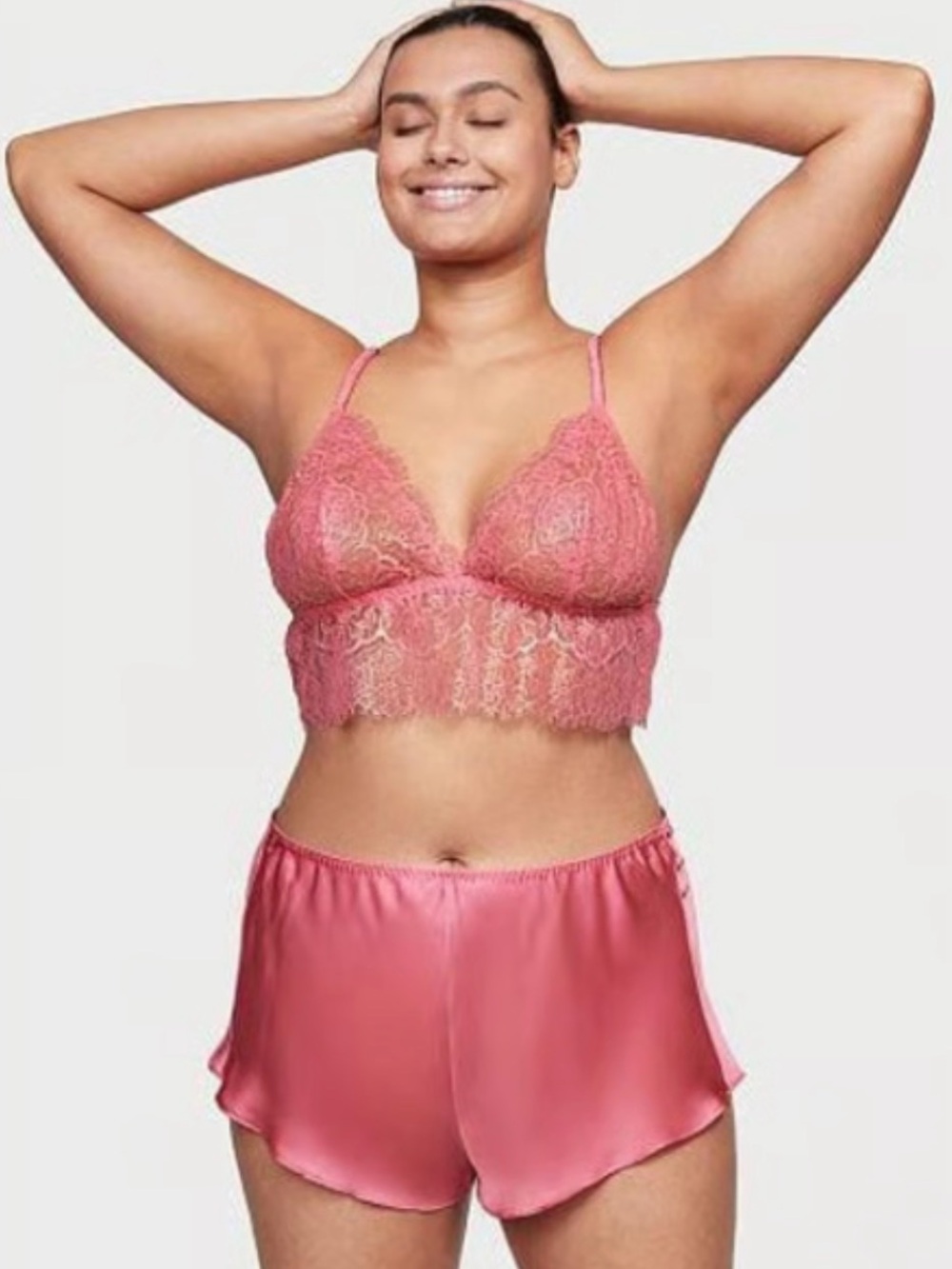 Victoria's Secret Dahlia Pink Lace Floral Cami Top Satin Shortie Set Size L NWT
